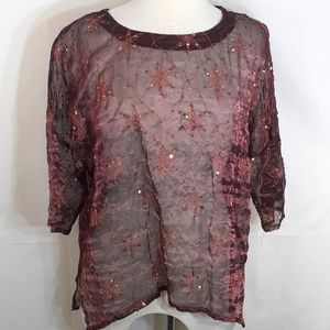 Allie Coosh burgundy red and orange embroidered floral and beaded blouse